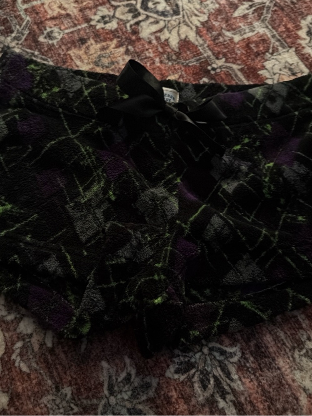 anchor blue Black Velvet Lace-Trim Sleep Shorts with Purple & Green Accents